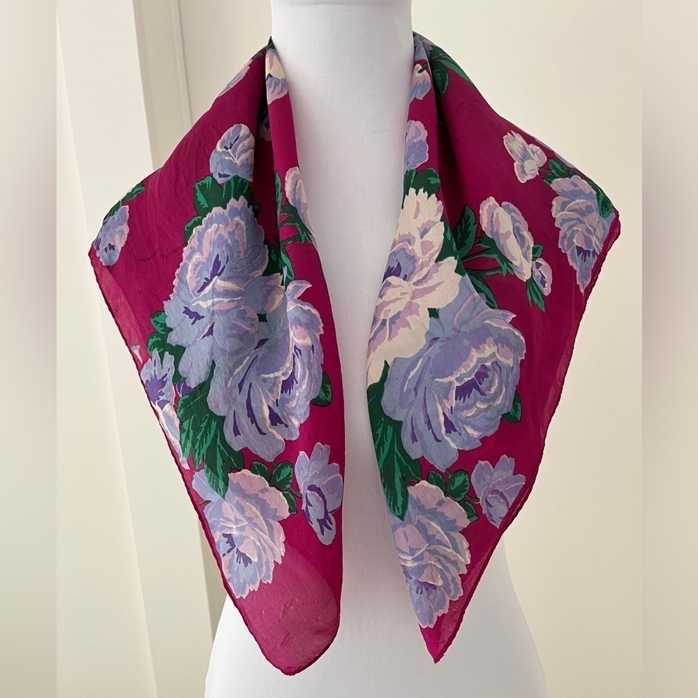 ECHO Vintage Floral Scarf Square Signed Vibrant Pink Roses Cottagecore